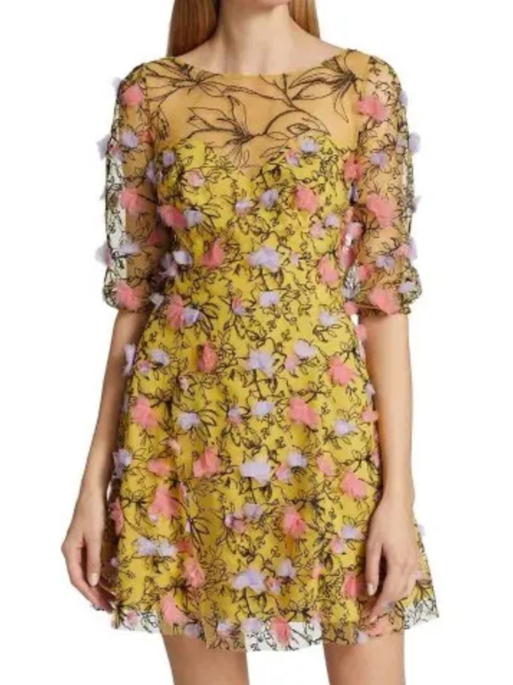 Marchesa Notte size 12 cocktail dress short embroidered tulle yellow fit & flare